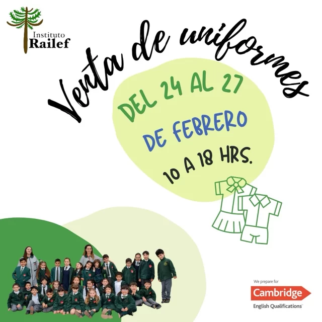 📢 ¡Atención comunidad del Instituto Railef! 📢 🟢 Venta de Uniformes Escolares 2025 🟢 📅 Fecha: Del 24 al 27 de febrero 🕙 Horario: Desde las 10:00 AM hasta las 18:00 PM (horario continuado) 📍 Lugar: Instituto Railef ¡Les esperamos para que puedan adquirir los uniformes de este nuevo año escolar! No olviden estar atentos a nuestras redes sociales para más información. ¡¡Nos vemos el 5 de marzo!! 🏫💚 #InstitutoRailef #UniformesEscolares #VueltaAClases2025 🎒